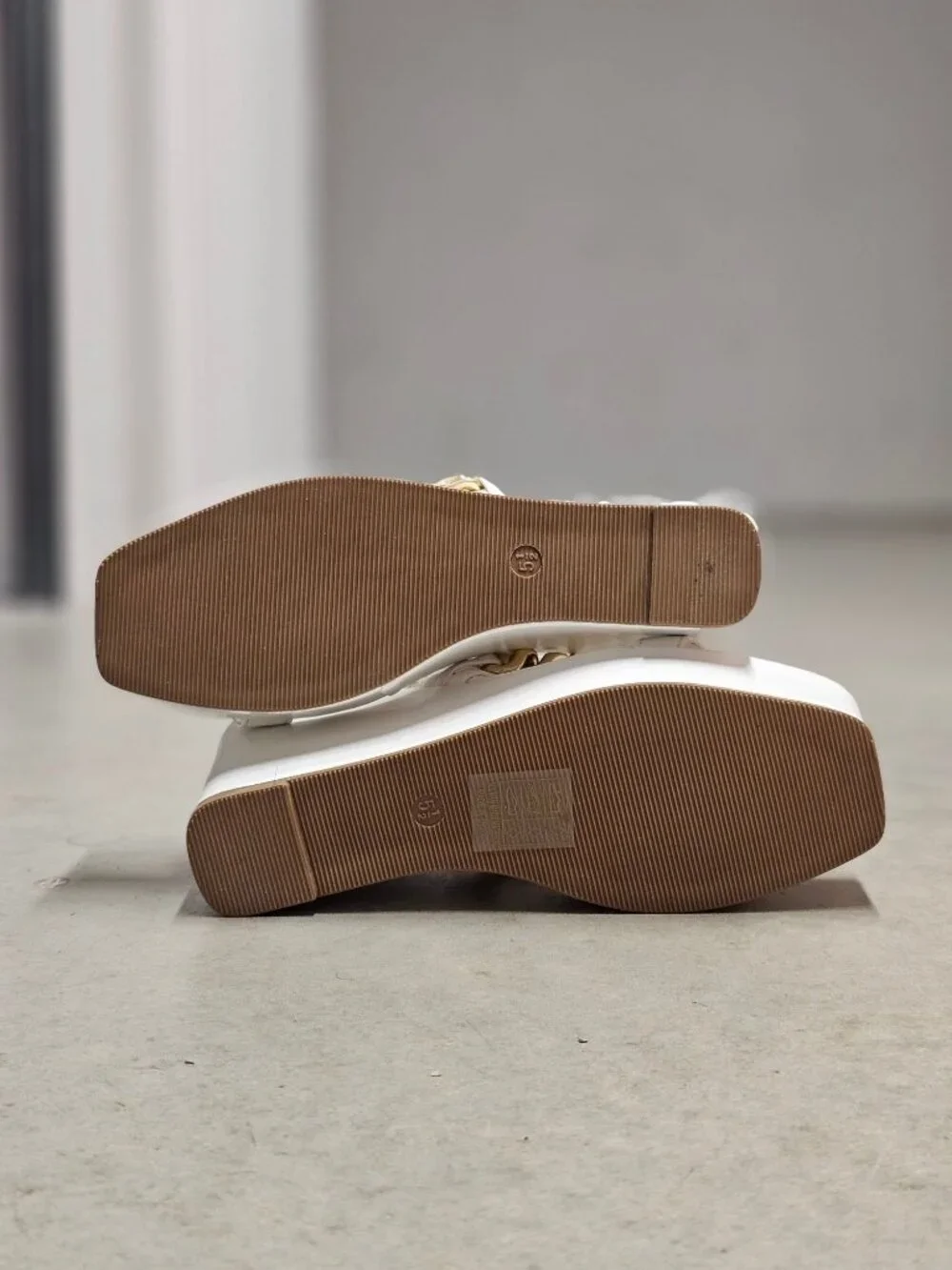 White Platform Wedge Sandals With Gold Chain Accent & Clear Straps By Bella Mari